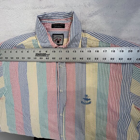 Faconnable Mens Multicolor Striped Seersucker Long Sleeve Shirt Medium Cotton - Picture 5 of 8